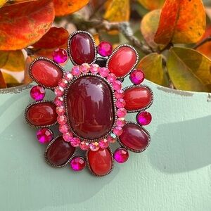 Oval Flower  Brooch Pendant Necklace - Berry